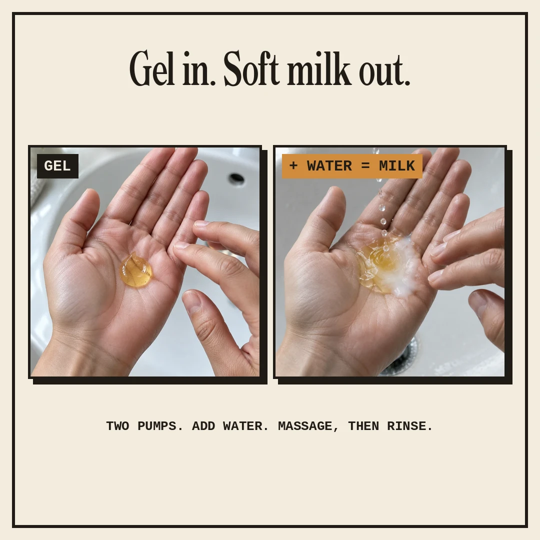 Golden gel turning to soft milk with water