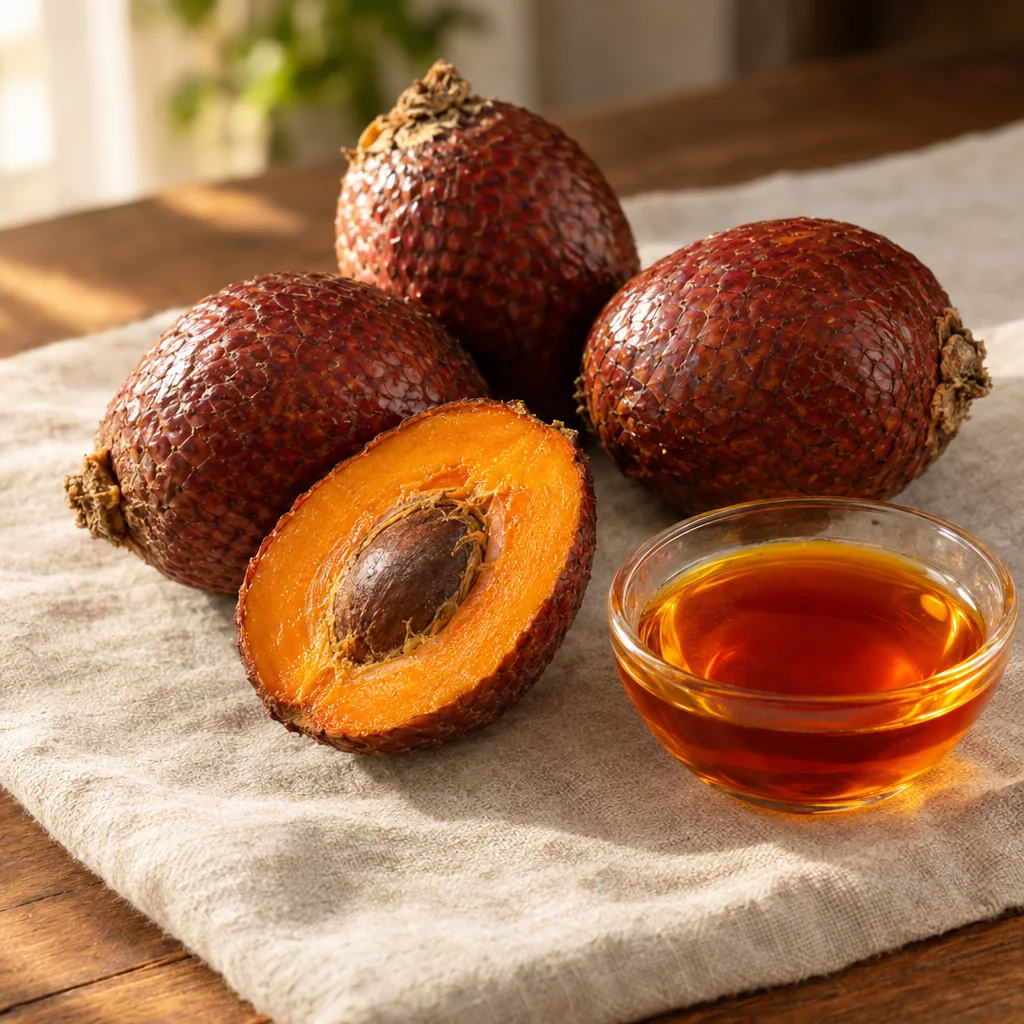 Buriti fruit, one cut open, beside a dish of orange oil