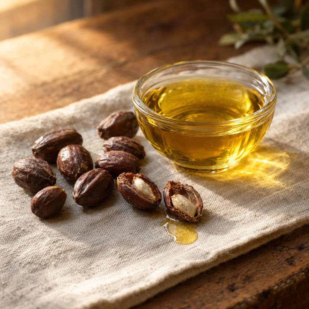 Jojoba seeds beside a dish of golden jojoba oil