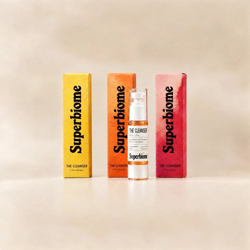 The three Skin Nutrients Cleanser boxes in yellow, orange and red, with one bottle in front