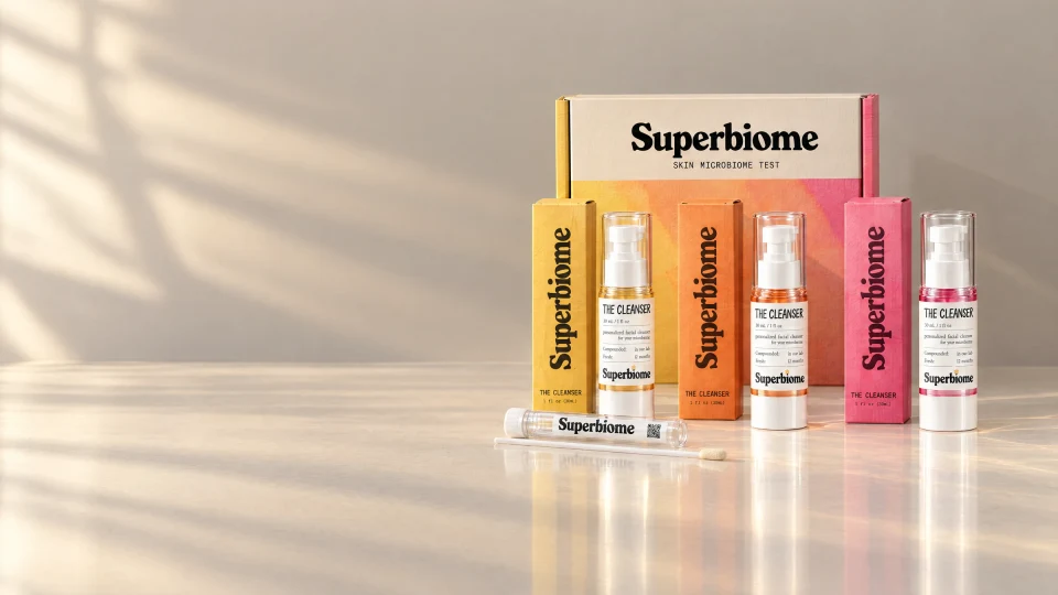 Superbiome Skin Test kit with swab and sample tube, and the three Skin Nutrients cleansers