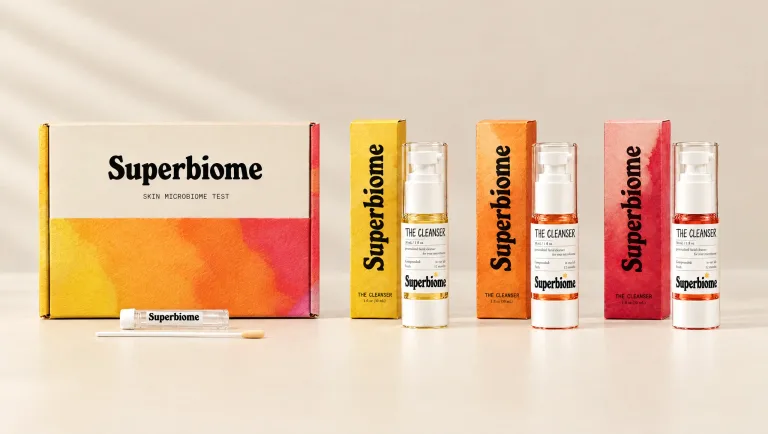 Superbiome Skin Test kit with swab and sample tube, and the three Skin Nutrients cleansers