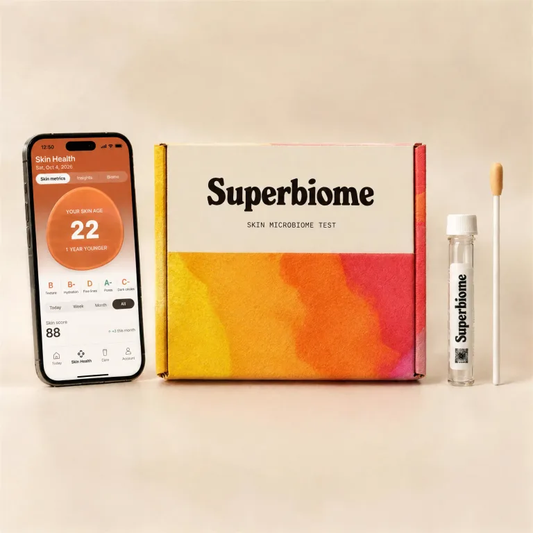 The Skin Microbiome Test box with the swab, the sample tube and the Superbiome app