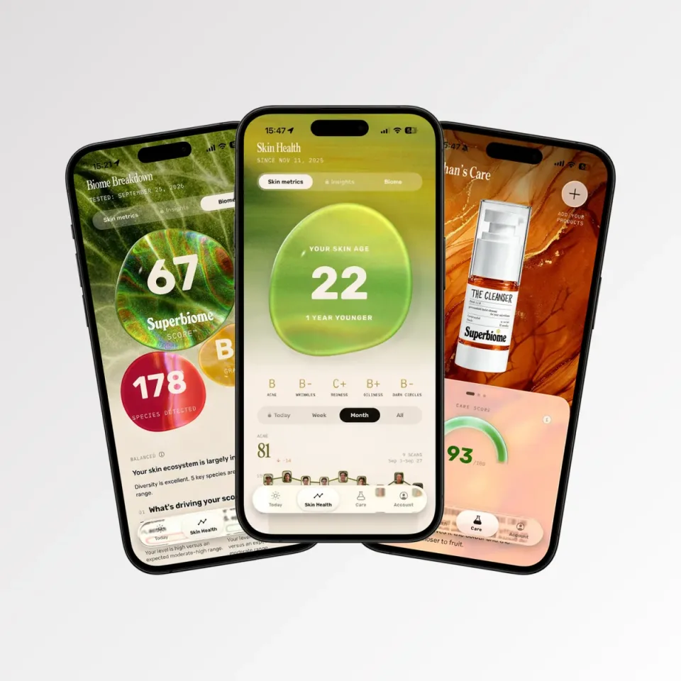 Three Superbiome app screens: Biome Breakdown, Skin Health and Care