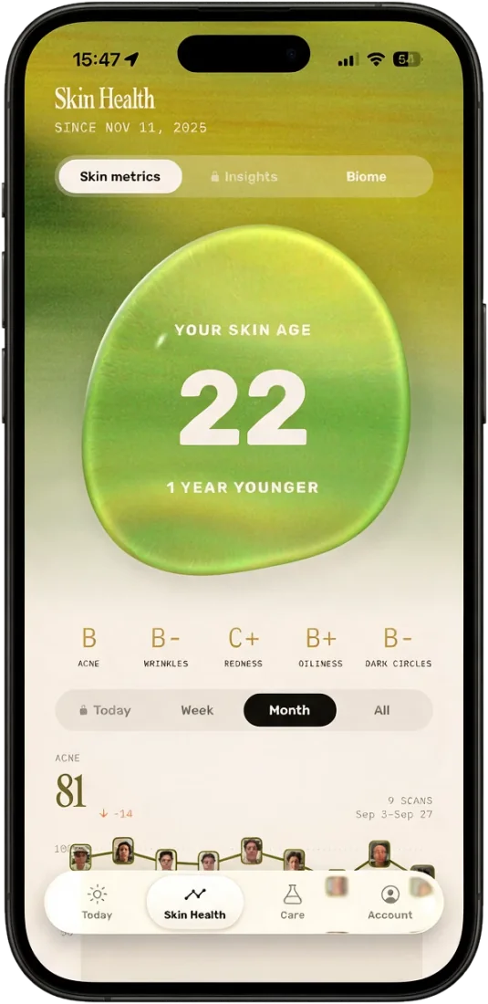 The Skin Health screen: skin age and grades for wrinkles, redness, oiliness, dark circles and breakouts